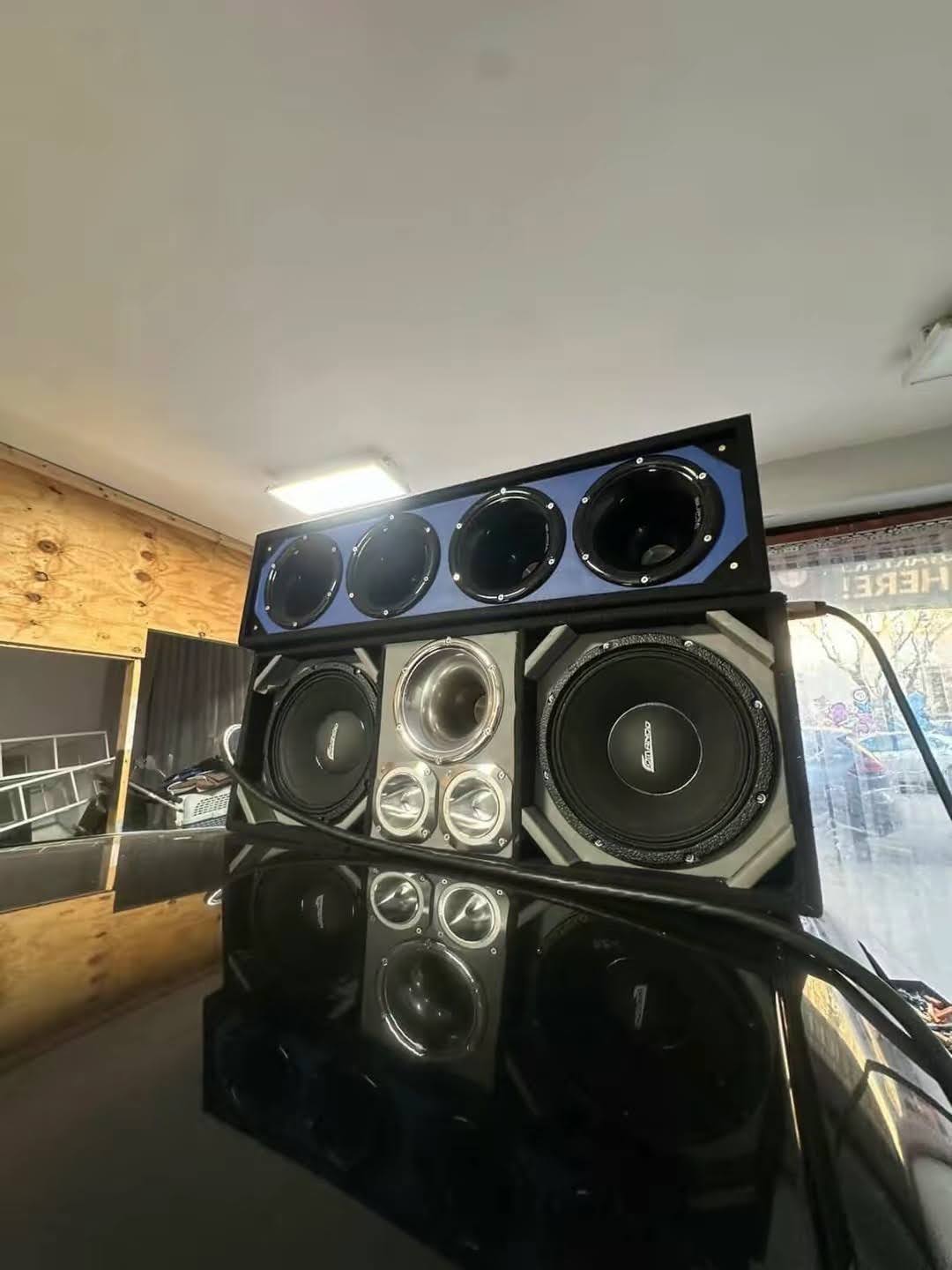 Fully installed car audio system with subwoofers and tweeters
