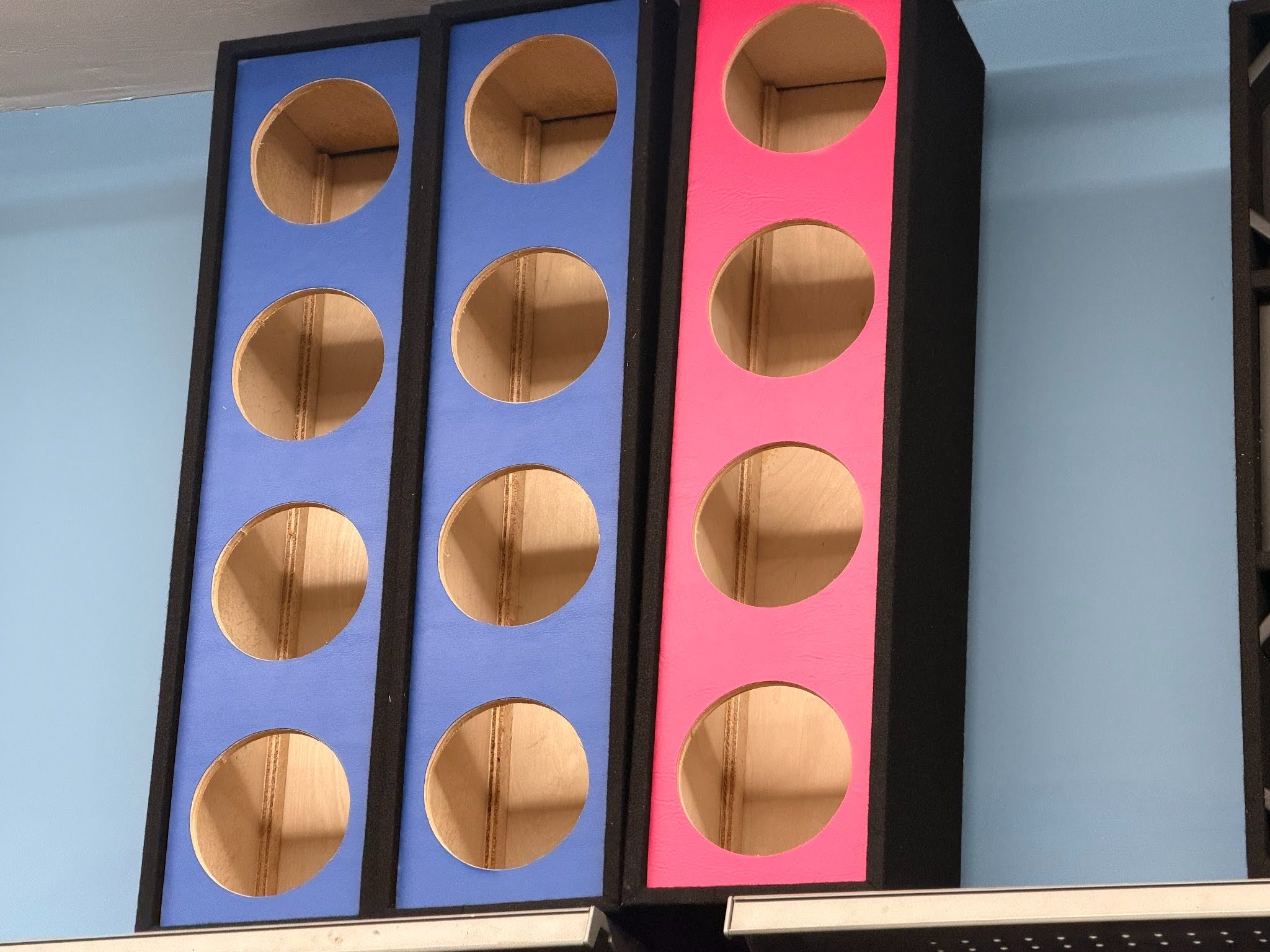 Custom speaker enclosures in progress on the shop shelf